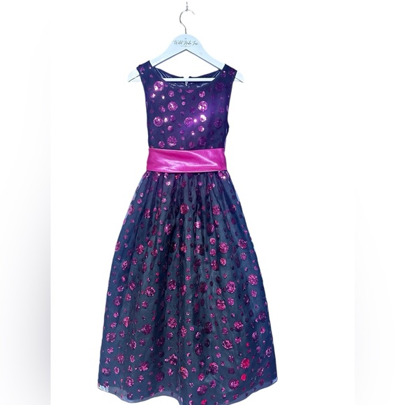 Elegant Girls Party Dress Size 12 Black Pouffy Dress W/Pink Sequin’s and Sash - Picture 3 of 16